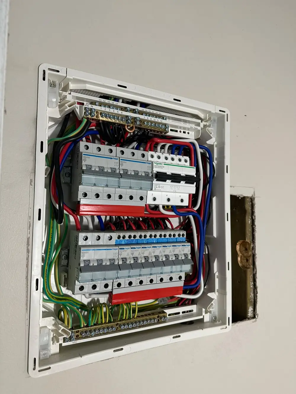 A freshly wired switchboard with labelled circuit breakers